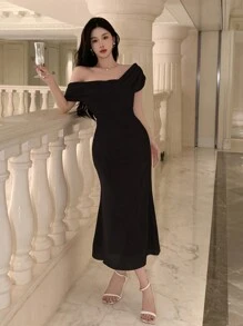 Joudiya Vestido negro de mujer de manga corta con cuello asimétrico de unicolor, vestido elegante para fiestas, cumpleaños, Año Nuevo o baile de graduación