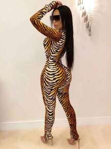 SHEIN Women's Tiger Print Long Sleeve Jumpsuit Fall Cloth For Women - Multicolor - View 2