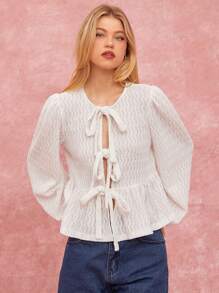 Women's Round Neck Long Sleeve Tie Front Casual Fashion Blouse - Pink - View 3