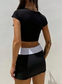 INAWLY 2pcs/Set Women Solid Color Short Sleeve Blouse And Contrast Color Mini Skirt - Black - View 2