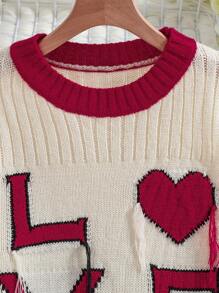Teenage Letter & Heart Jacquard Ribbed Pullover Sweater - Beige - View 3
