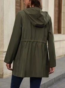 SHEIN PETITE Áo khoác trùm đầu màu trơn có túi và dây rút ở eo - xanh quân đội - Xem 2