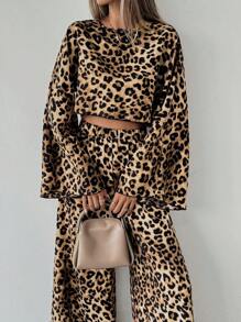 SHEIN LUNE Bộ 2 áo crop top dài tay cổ tròn họa tiết da báo cho nữ và quần ống rộng, Xuân Hè - Nhiều màu - Xem 3