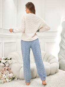 Rabbit Embroidered Women's Fleece Crew Neck Long Sleeve Top And Pants Pajama Set
