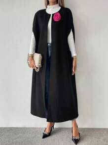 SHEIN LUNE 女士 3D 花朵无袖长款背心羊毛夹克 - 黑色 - 查看 4