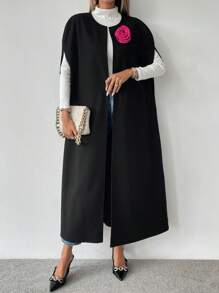 SHEIN LUNE 女士 3D 花朵无袖长款背心羊毛夹克 - 黑色 - 查看 6