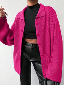 EURMUSE Damen lässige lange Arm Strickjacke mit offenem Vorderteil, Locker geschnitten, Herbst/Winter - Heißes Pink - Übersicht 4