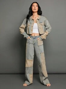 WESTFADE Premium 99% Cotton Denim Mid Rise Patchwork Y2K Wide Leg Jeans - Light Wash - View 11