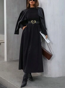 Aveloria Modichic 优雅简约拼接收腰长袖秋季长裙女士连衣裙优雅 - 黑色 - 查看 3