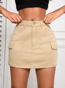 SHEIN EZwear Chân váy chữ A denim túi hộp thường ngày cho nữ - Màu Khaki - Xem 5