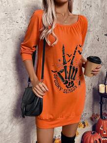 SHEIN LUNE Halloween Off Shoulder Mini Dress Women Horror Season Skeleton Print Autumn Tops & Dress