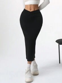 SHEIN EZwear Saia suéter feminina casual de malha preta com bainha dividida - Preto - Ver 6