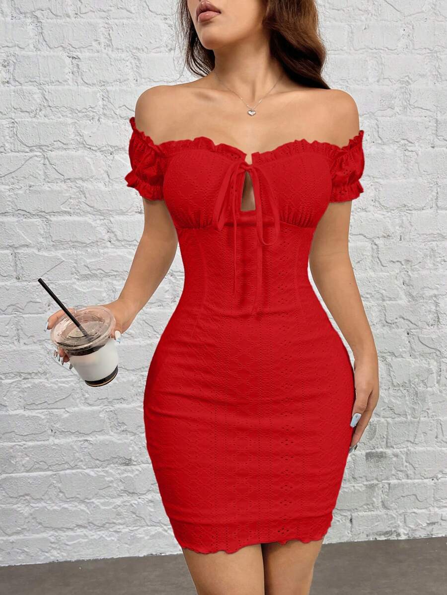 SHEIN EZwear Vestido ajustado de punto con hombros descubiertos - Rojo - Ver 1