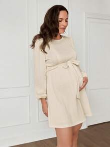 MaterniWear Maternity Autumn Winter Dress With Bow Belt, Nursing Dress For Pregnant Women - Apricot - View 5