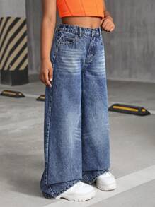 SHEIN Tween Girls Y2K 2000s Retro Washed Baggy Casual Denim Wide Leg Jeans ,Girls Fall Clothes Back To School Streetwear Outfits - Medium Wash - View 6