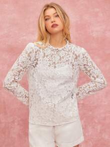 Enchnt Ensemble chemise à col montant transparent et débardeur pour femmes - Beige - Voir 4