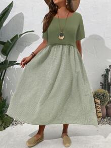 EMERY ROSE Vestido de manga corta de talla grande para mujer con unicolor y parche a cuadros