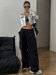 StreetHx Women Metal Silver Cropped Jacket - Silver - View 1