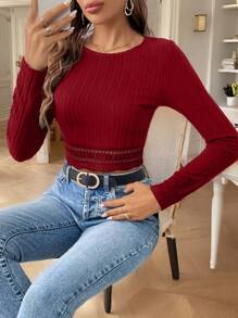 SHEIN Frenchy 纯色蕾丝边短款圆领粒纹面料T恤