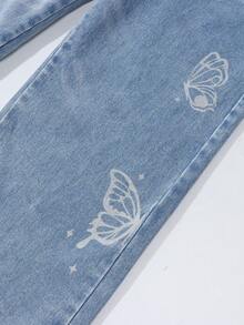SHEIN Tween Girls Butterfly Print Denim Jeans
