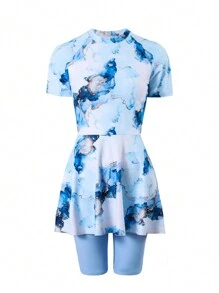 Damen Burkini Badeanzug mit Rundhalsausschnitt, Raglanärmeln und Marmorprint für den Sommer Strandurlaub - Verschiedenfarbig - Übersicht 6