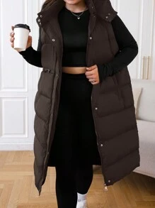 SHEIN EZwear Plus Size Long Hooded Winter Vest Coat Fall Autumn - Brown - View 4