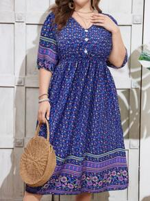 SHEIN Holidaya Plus Size V-Neck Ditsy Floral Casual Holiday Short Sleeve Dress - Blue - View 1