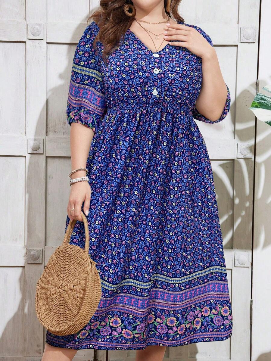 SHEIN Holidaya Plus Size V-Neck Ditsy Floral Casual Holiday Short Sleeve Dress - Blue - View 1