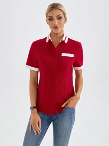 TaskEZ Uniforme de trabajo con botones delanteros de manga corta y bloques de color para mujeres