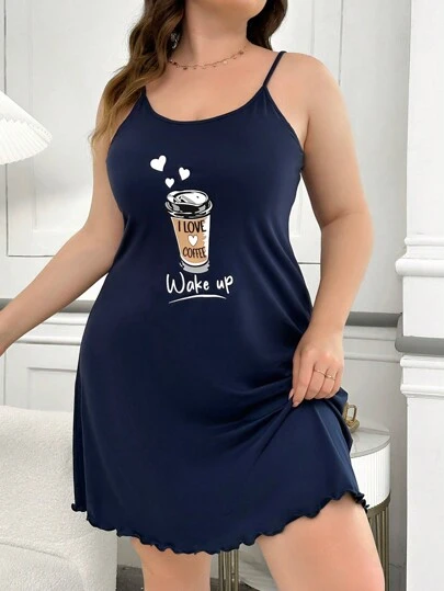 Robe de nuit ample imprimée de tasse de café, style décontracté