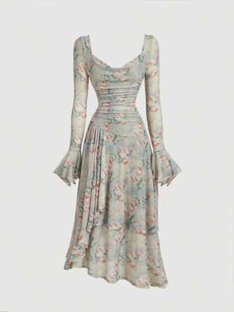 SHEINxHITOMI SHEIN MOD Vestido de punto de manga larga con estampado floral vintage para mujer, vestido de otoño, vestido verde de manga larga, vestido con volantes, vestido de fiesta de graduación, vestido largo de baile de graduación, vestido semi formal