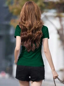 INAWLY Camiseta casual de manga corta con cuello de mujer, unicolor, verano