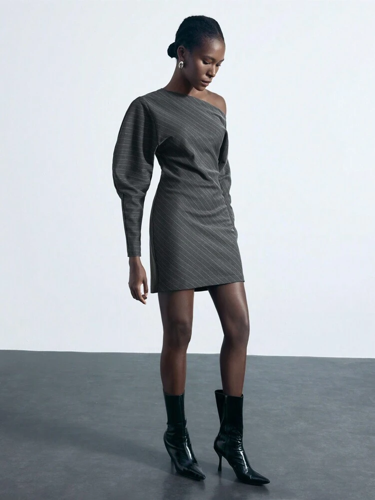 SHEIN Maija Robe courte asymétrique à manches longues et imprimé rayé pour femmes, élégante
