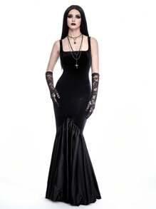 ROMWE Goth Vestido de fiesta gótico largo, sexy, sin espalda, estilo trompeta sirena, vestido de bola para mujer - Negro - Ver 6