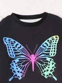 2 件 Tween Girl 休闲可爱优雅蝴蝶图案长袖运动衫和喇叭裤套装，适合秋季、冬季和春季度假休闲穿着 - 彩色 - 查看 7