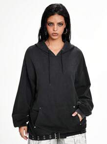 ROMWE Grunge Punk Punk Distressed Snowflake Metallic Button Detachable Oversized Women Baggy Sweatshirt - Black - View 4