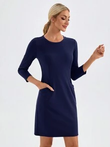 TaskEZ Vestido de trabajo casual con cuello redondo, mangas de 3/4 y dos bolsillos, unicolor para mujer
