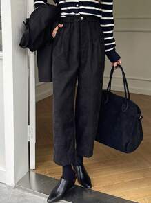 DAZY Pantalones casuales y de negocios de 7/8 de longitud con pliegues de unicolor, tela gruesa, para mujer - Negro - Ver 6