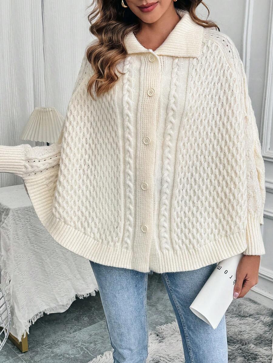 SHEIN LUNE 女式复古编织领蝙蝠袖宽松针织开衫 - 杏色 - 查看 1