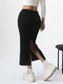 SHEIN EZwear Saia suéter feminina casual de malha preta com bainha dividida - Preto - Ver 2
