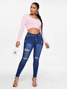 SHEIN LUNE Women's Solid Color Minimalist Daily Wear Cardigan - Baby Pink - View 3