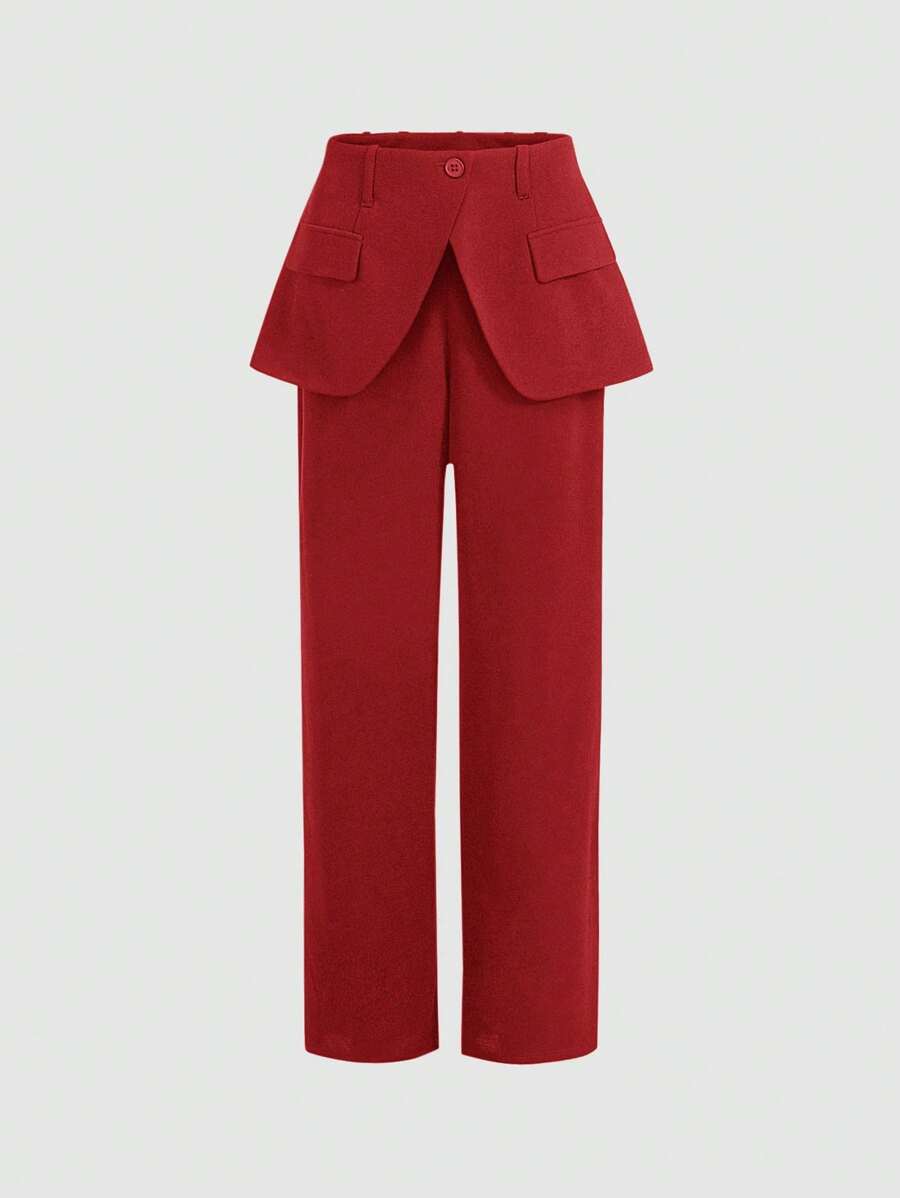 SHEIN MOD Women's Solid Color Patchwork A-Line Skirt 2 In 1 Straight Loose Casual Pants With Design - Red - View 1