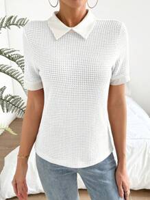 Chiquease 女士撞色领短袖修身优雅迷人时尚温柔 T 恤 - 白色 - 查看 4