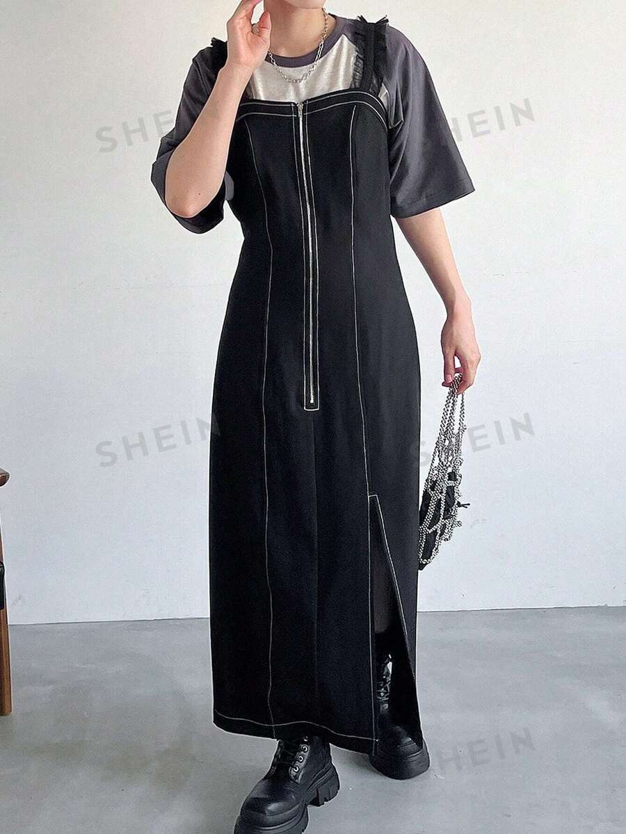FRIFUL Damen Sommerkleid mit getrennter Front und Reißverschluss