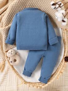 SHEIN Vintaside Kids 男婴卡通狐狸图案圆领长袖针织毛衣和裤子休闲装，秋冬 - 藍色 - 查看 2