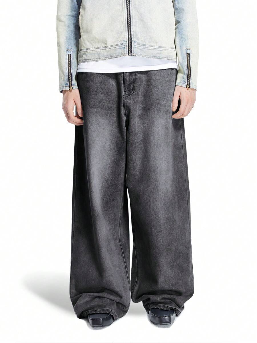 Chillumni Men's Faded Light Blue Baggy Jeans - Light Grey - View 1