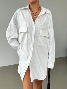 SHEIN EZwear Women's Button Collar Long Sleeve Pockets Striped Short Casual Dress - White - View 3