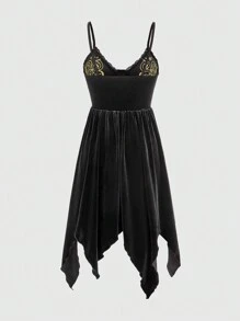 ROMWE Autumn Gothic Snake Embroidered Velvet Asymmetrical Hem Slip Dress - Black - View 3