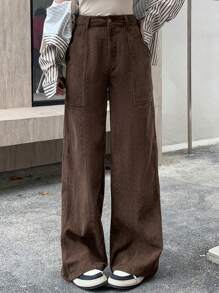 FRIFUL 女士纯色口袋宽松直筒休闲裤 - 咖啡棕 - 查看 1