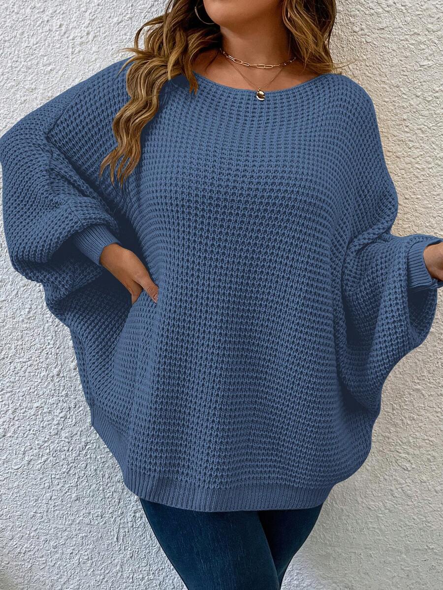 SHEIN LUNE Plus Size Women Batwing Sleeve Crew Neck Solid Color Sweater, For Winter Knit Pullover Fall Outfit